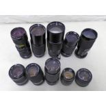 SELECTION OF 10 CAMERA LENSES INCLUDING VITITAR 75-205MM 1:38 58MM, PRAKTICAR PB 4-5.