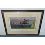 SIGNED FRAMED PETER CURLING PRINT & SIGNED BY JOCKEY CHARLIE SWAN, ETC ISTABRAQ CHELTENHAM 1998,