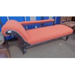 19TH CENTURY EBONISED CHAISE LONGUE ON TURNED SUPPORTS,