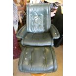 STRESSLESS GREEN LEATHER RECLINING SWIVEL ARMCHAIR WITH MATCHING STOOL LABELLED EKORNES MADE IN