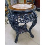 EASTERN HARDWOOD PLANT STAND WITH DECORATIVE ORIENTAL CARVING AND GRANITE INSET TOP DIAMETER 41 CM
