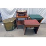 MAHOGANY PIANO STOOL WITH LIFT SEAT, BRASS COAL BOX,