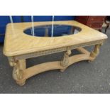 LARGE OAK COFFEE TABLE WITH OVAL GLASS INSERT & DECORATIVE CARVING,