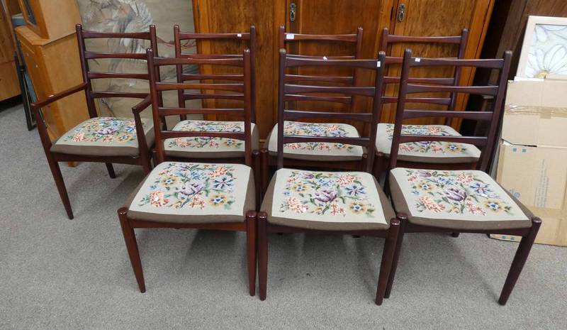 SET OF 7 MAHOGANY LADDER BACK DINING CHAIRS INCLUDING 1 ARMCHAIR