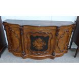 19TH CENTURY CARVED WALNUT CREDENZA WITH DECORATIVE BOXWOOD INLAY & 3 PANEL DOORS,