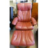 STRESSLESS RED LEATHER RECLINING SWIVEL ARMCHAIR WITH MATCHING STOOL LABELLED EKORNES,