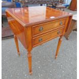 INLAID YEW WOOD 2 DRAWER CHEST WITH 2 LEAVES ON TURNED SUPPORTS,
