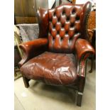 OVERSTUFFED RED LEATHER WINGBACK CLUB CHAIR Condition Report: The item has some