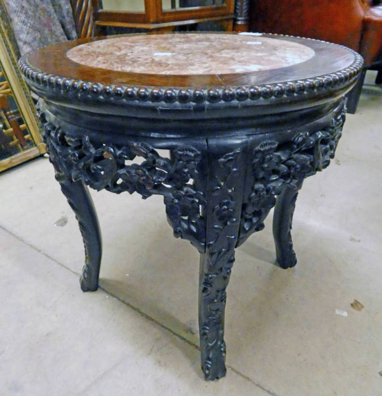 EASTERN HARDWOOD PLANT STAND WITH DECORATIVE ORIENTAL CARVING AND GRANITE INSET TOP DIAMETER 43 CM