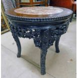 EASTERN HARDWOOD PLANT STAND WITH DECORATIVE ORIENTAL CARVING AND GRANITE INSET TOP DIAMETER 43 CM