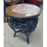 EASTERN HARDWOOD PLANT STAND WITH DECORATIVE ORIENTAL CARVING AND GRANITE INSET TOP DIAMETER 32 CM