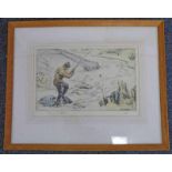 HENRY WILKINSON, FLY FISHING, SIGNED, FRAMED COLOURED ETCHING,
