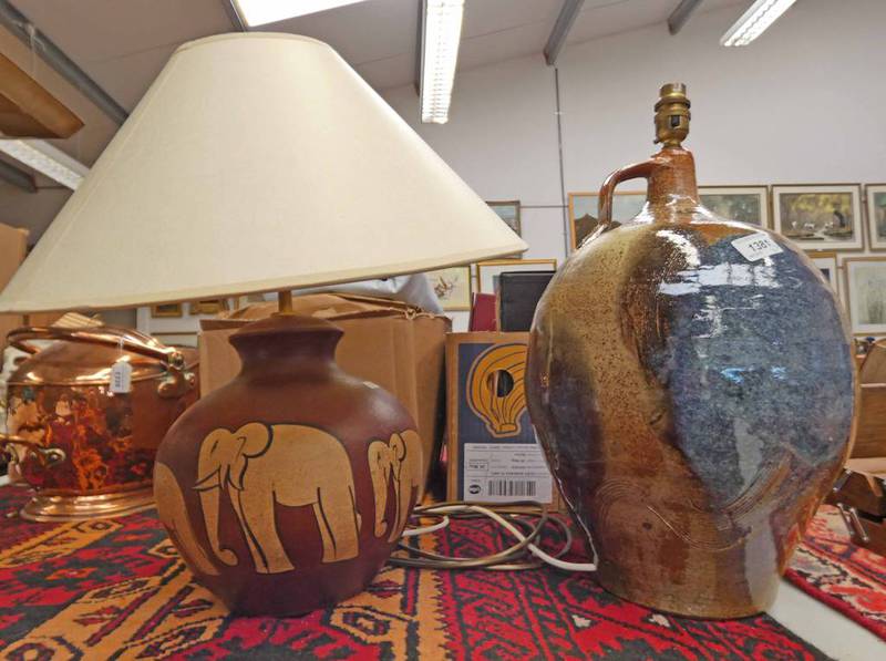 ART POTTERY EWER STYLE TABLE LAMP & ELEPHANT DECORATED TABLE LAMP