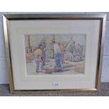 MAY M BROWN SELLING THE CATCH AT MACDUFF SIGNED FRAMED WATERCOLOUR 25 CM X 37 CM