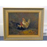 SCOTTISH SCHOOL TWO CHICKENS INDISTINCTLY SIGNED GILT FRAMED OIL PAINTING 22 CM X 28 CM