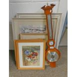 VARIOUS FRAMED PRINTS & FRAMED WATERCOLOUR GLENORCHY SIGNED A HUDSON & MAHOGANY BAROMETER