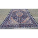 RICH BLUE GROUND PERSIAN KASHAN CARPET WITH CENTRAL FLORAL MEDALLION DESIGN 380 X 300CM