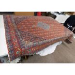 BURNT ORANGE AND BLUE GROUND IRANIAN CARPET SENADASH DESIGN 275 X 190CM