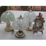 3 TABLE LAMPS WITH GLASS SHADES AND METAL FRAMED MIRROR
