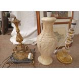 GILT METAL TABLE LAMP ON HARDSTONE BASE WITH GILT METAL MOUNTS AND TWO OTHER LAMPS
