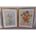 FRAMED WATERCOLOURS OF FLOWER & FRAMED VAN GOGH PRINT,