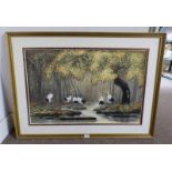 GILT FRAMED CHINESE WATERCOLOUR OF STORKS UNDER A TREE - SIGNED,