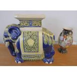 EASTERN POTTERY ELEPHANT PLANT STAND 45CM TALL AND TWO HANDLED VASE Condition Report: