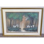 FRAMED ORIENTAL WATERCOLOUR OF BIRDS IN THE WOODS,