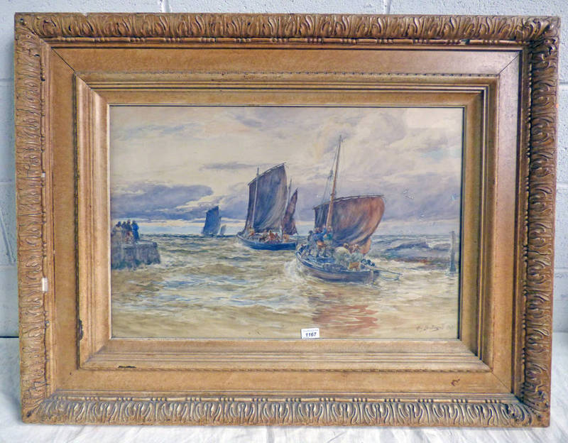 ALEX BALLINGALL FISHING BOATS LEAVING THE HARBOUR SIGNED & DATED 1903 FRAMED WATERCOLOUR 49 CM X
