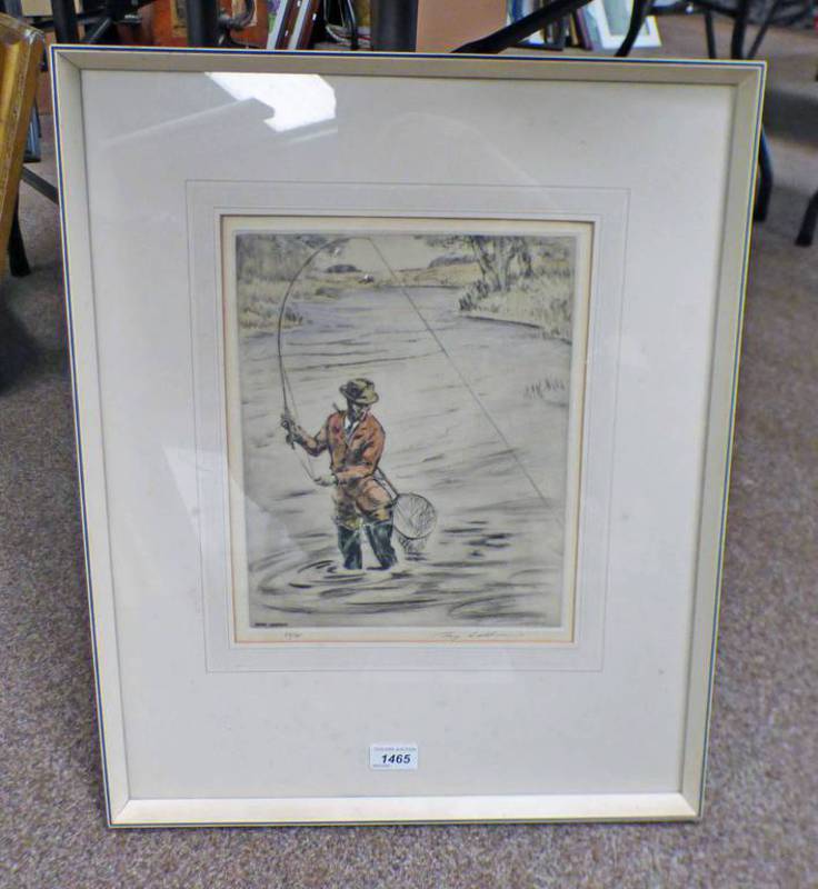 HENRY WILKINSON FLY FISHERMAN SIGNED IN PENCIL FRAMED COLOURED ETCHING 30CM X 24 CM