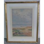 DAVID WEST ROWING BOAT ON THE BEACH SIGNED GILT FRAMED WATERCOLOUR 32 X 45 CM