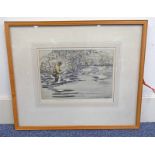 HENRY WILKINSON, FLY FISHING, SIGNED, FRAMED COLOURED ETCHING,