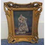 BESSIE BAMBER FAWN CAT MONOGRAMMED GILT FRAMED OIL PAINTING 17 CM X 12 CM