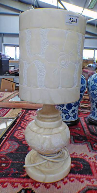 CARVED SOAPSTONE TABLE LAMP 44CM TALL Condition Report: Top of shade has a nick.