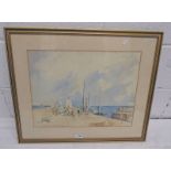 GILT FRAMED WATERCOLOUR FISHING BOATS AT THE QUAYSIDE WITH FISHERFOLK 35 CM X 48 CM