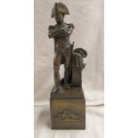 BRONZE FIGURE OF NAPOLEON BONAPARTE STANDING BESIDE A COLUMN ON A PLINTH BASE - 31CM TALL