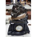 19TH CENTURY MARBLE MANTLE CLOCK SURMOUNTED BY SPELTER FIGURE OF WOMAN ON HORSEBACK (AS FOUND) 53
