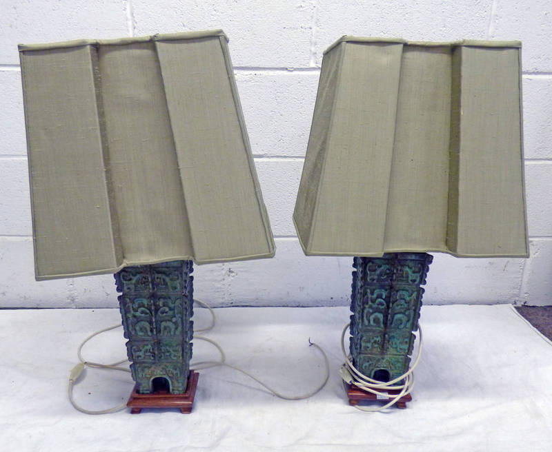 PAIR MO MODERN CHINESE MAHOGANY & BRONZE STYLE TABLE LAMPS