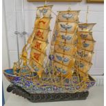 20TH CENTURY CHINESE CLOISONNE 3 MASTED JUNK ON HARDWOOD STAND 84CM TALL