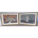 2 FRAMED ORIENTAL WATERCOLOURS OF BIRDS IN THE WOODS,