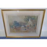FRAMED WATERCOLOUR TWO FIGURES AND A HORSE BESIDE COTTAGE,