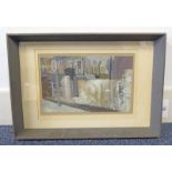 IRENE HALLIDAY "HARBOUR BUILDINGS" INSCRIPTION ON REVERSE FRAMED WATERCOLOUR 20 CM X 32 CM