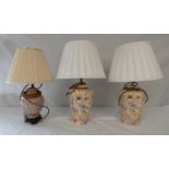 A PAIR OF PORCELAIN LAMPS 48CM TALL, FLORAL DESIGN WITH SHADES,