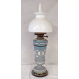 19TH CENTURY WHITE ENAMEL DECORATED BLUE GLASS HINLES DUPLEX OIL LAMP WITH WHITE GLASS SHADE - 66