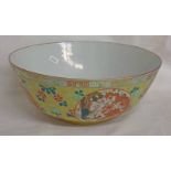 CHINESE PORCELAIN YELLOW GROUND BOWL DECORATED WITH PANELS OF DRAGONS WITH 6 - CHARACTER MARK TO