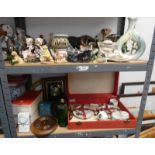 LARGE SELECTION PORCELAIN FIGURES, VASES, ANIMALS ETC, SIRRAM PICNIC HAMPER,WALL CLOCKS,