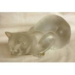 MODERN LALIQUE MODEL OF A CAT, SIGNED TO BASE - 24CM LONG,