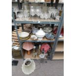 LARGE SELECTION OF GLASSWARE LAMPS, POTTERY TUREEN, DISHES, ETC ON 3 SHELVES,