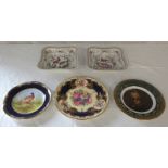 PAIR OF VICTORIAN PORCELAIN DISHES DECORATED WITH BIRDS & 3 OTHER PORCELAIN PLATES