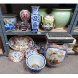 VARIOUS CHINESE GREEN VASES, MOTHER OF PEARL INLAID BOX, VARIOUS IMARI WARE, CHINESE TEAPOT,